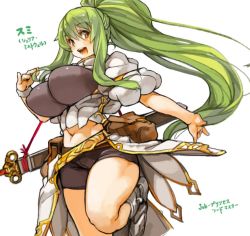 Rule 34 | 1girl, :d, armor, armored boots, belt, boots, breasts, curvy, covered erect nipples, green hair, large breasts, long hair, midriff, navel, open mouth, orange eyes, original, perky breasts, ponytail, sachito, sheath, sheathed, shorts, smile, solo, sumi-chan (sachito), sword, teeth, thick thighs, thighs, weapon, wide hips