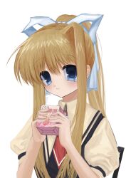 1girl air_(visual_novel) blue_eyes closed_mouth colored_eyelashes drinking_straw hair_between_eyes hair_ribbon high_ponytail highres kamio_misuzu light_smile long_hair looking_at_viewer necktie nemu_(zutto_oyasu3) ponytail puffy_short_sleeves puffy_sleeves red_necktie ribbon school_uniform short_sleeves sidelocks simple_background single_hair_intake solo straight_hair strawberry_milk upper_body white_background