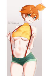 Rule 34 | 1girl, breasts, closed mouth, creatures (company), game freak, gradient background, green eyes, green shorts, grey background, hair between eyes, highres, looking at viewer, medium breasts, misty (pokemon), navel, nintendo, orange hair, patreon username, pokemon, pokemon (anime), pokemon (classic anime), short hair, shorts, smile, solo, stomach, suspender shorts, suspenders, thighs, tofuubear, underboob