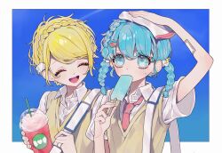 Rule 34 | 2girls, :d, alternate hairstyle, ao (ao0 0nemu), arm up, bad id, bad twitter id, blonde hair, blue background, blue eyes, blue hair, border, braid, closed eyes, collared shirt, commentary request, crown braid, cup, disposable cup, dorothy west, food, food in mouth, hand up, hands up, highres, holding, holding cup, holding food, holding popsicle, holding strap, holding towel, looking up, midorikaze fuwari, multiple girls, necktie, open mouth, paprika private academy school uniform, pink necktie, popsicle, popsicle in mouth, pretty series, pripara, school uniform, shirt, short hair, smile, towel, twin braids, upper body, vest, white border, white shirt, yellow vest