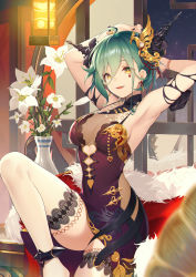 Rule 34 | 1girl, :d, absurdres, ahoge, armpits, arms up, bare shoulders, character request, earrings, flower, green hair, highres, jewelry, jiusan naitang, masterwork apocalypse, open mouth, short hair, smile, solo, thighs, vase, white flower, yellow eyes