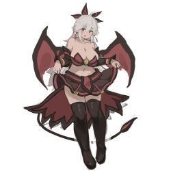 Rule 34 | 1girl, absurdres, ahoge, bandeau, black footwear, boots, bowchan, breasts, brown skirt, cleavage, commentary request, curtsey, demon girl, demon tail, demon wings, earrings, full body, hair between eyes, highres, irys (succubus affection), jewelry, large breasts, long bangs, long hair, looking at viewer, midriff, miniskirt, navel, open mouth, pleated skirt, pointy ears, red bandeau, red eyes, red skirt, red wings, simple background, skirt, smile, solo, succubus affection, tail, thigh boots, two-tone skirt, very long hair, white background, white hair, wings