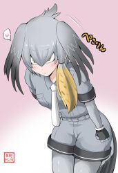 Rule 34 | 10s, 1girl, blonde hair, blush, bodystocking, bodysuit, bodysuit under clothes, clenched hand, commentary request, gloves, gradient background, grey hair, hair between eyes, hair flaps, hair tie, head wings, heart, highres, kemono friends, leaning forward, long hair, multicolored hair, necktie, pink background, shirt, shoebill (kemono friends), short sleeves, shorts, sidelocks, solo, staring, thought bubble, translated, white background, wings, yano toshinori, yellow eyes