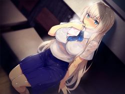 Rule 34 | 1girl, blue eyes, blue skirt, blush, breasts, closed mouth, dutch angle, hair ornament, hand up, highres, indoors, kneehighs, large breasts, long hair, looking at viewer, munashi mujou, original, see-through, see-through shirt, shirt, short sleeves, skirt, smile, socks, solo, very long hair, wet, wet clothes, wet hair, wet shirt, wet skirt, white hair, white haired girl (munashi mujou), white shirt, white socks, x hair ornament