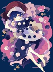 Rule 34 | 1girl, ;3, barefoot, black dress, blue eyes, blush, commentary, doremy sweet, dress, hat, highres, horns, layered dress, long sleeves, looking at viewer, lying, multicolored clothes, multicolored dress, nightcap, nikorashi-ka, on side, one-hour drawing challenge, one eye closed, pom pom (clothes), sheep, sheep horns, short hair, sideways glance, solo, star (symbol), tail, touhou, white dress