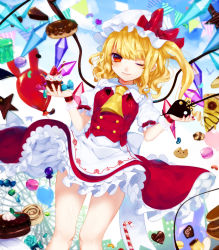Rule 34 | 1girl, apron, ascot, balloon, blonde hair, bow, cake, candy, candy cane, chocolate, chocolate heart, cookie, daimaou ruaeru, doughnut, flandre scarlet, food, hat, hat bow, heart, highres, laevatein, lollipop, looking at viewer, mob cap, nail polish, one eye closed, petticoat, puffy short sleeves, puffy sleeves, red eyes, sash, shirt, short sleeves, side ponytail, skirt, skirt set, smile, solo, strawberry shortcake, thighs, touhou, vest, waist apron, wind, wind lift, wings, wrist cuffs