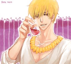 Rule 34 | 1boy, alcohol, bad drawr id, bad id, blonde hair, casual, cup, drawr, drinking glass, fate/zero, fate (series), gilgamesh (fate), jewelry, male focus, necklace, oekaki, onegingek, red eyes, short hair, solo, v-neck, wine, wine glass