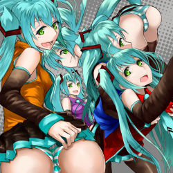 Rule 34 | 5girls, alternate color, aqua hair, detached sleeves, from behind, grabbing, grabbing another&#039;s breast, green eyes, hatsune miku, long hair, looking back, multiple girls, necktie, open mouth, panties, skirt, striped clothes, striped panties, thighhighs, twintails, underwear, vocaloid, yuki tarou