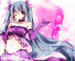 Rule 34 | 1girl, bad id, bad pixiv id, choker, elbow gloves, gloves, hand on own chest, hatsune miku, hazakura chikori, long hair, navel, one eye closed, purple gloves, smile, solo, twintails, very long hair, vocaloid
