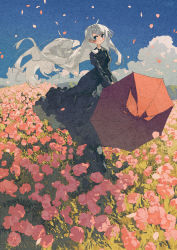 Rule 34 | 1girl, black dress, blue eyes, blue sky, blush, closed mouth, cloud, collared dress, commentary, dress, expressionless, flower, highres, holding, holding umbrella, long hair, long sleeves, original, outdoors, parasol, petals, pink flower, potg (piotegu), sky, solo, standing, umbrella, white hair