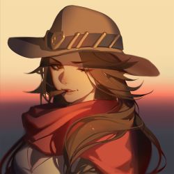 Rule 34 | 1girl, ask (askzy), brown eyes, brown hair, brown hat, cape, cassidy (overwatch), cigar, cowboy hat, cropped, eyebrows, eyelashes, genderswap, genderswap (mtf), gradient background, hat, lips, lipstick, makeup, mouth hold, one eye closed, overwatch, overwatch 1, poncho, red cape, solo, upper body