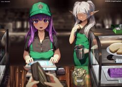 Rule 34 | 2girls, absurdres, apron, artist logo, black shirt, blurry, blurry background, blurry foreground, brand name imitation, breasts, cake, collarbone, collared shirt, commentary, elf, english commentary, fern (sousou no frieren), food, frieren, green apron, grey hair, highres, knightfang, long hair, medium breasts, money, multiple girls, no eyes, open mouth, paid reward available, patreon username, pointy ears, purple eyes, purple hair, shirt, small breasts, sousou no frieren, starbucks, tablet pc, tip jar, twintails, twitter username, wallet