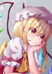 Rule 34 | 1girl, absurdres, ascot, blonde hair, blush, crystal, ekidona, flandre scarlet, grey background, hair between eyes, hand on own chin, hat, hat ribbon, highres, long hair, looking to the side, mob cap, multicolored wings, open mouth, puffy short sleeves, puffy sleeves, red eyes, red ribbon, red vest, ribbon, shirt, short sleeves, simple background, sleeve ribbon, solo, touhou, upper body, vest, white hat, white shirt, wings, yellow ascot