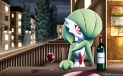 Rule 34 | 1girl, absurdres, alcohol, artist name, balcony, bob cut, bottle, closed mouth, colored skin, creatures (company), cup, drink, drinking glass, female focus, flat chest, game freak, gardevoir, gen 3 pokemon, green hair, green skin, grey sky, hair over one eye, hand up, happy, highres, lamppost, looking at viewer, multicolored skin, night, nintendo, on chair, one eye covered, outdoors, plate, pokemon, pokemon (creature), red eyes, short hair, sitting, sky, smile, solo, table, thekingunder, tree, twitter username, two-tone skin, upper body, watermark, white skin, wine, wine bottle, wine glass