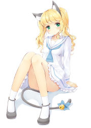 Rule 34 | 1girl, ahoge, animal ears, anklet, bell, black footwear, blonde hair, blue bow, blush, bow, cat ears, cat tail, collarbone, convenient censoring, dress, expressionless, eyebrows, frills, full body, green eyes, head tilt, highres, jewelry, jingle bell, long hair, long sleeves, looking at viewer, natsu (natume0504), neckerchief, original, sailor dress, shoes, simple background, sitting, sleeve cuffs, socks, solo, tail, tail bow, tail ornament, tareme, thighs, twintails, white background, white dress, white socks