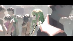 Rule 34 | 1other, androgynous, black hair, closed mouth, enkidu (fate), expressionless, fate/grand order, fate/strange fake, fate (series), from side, green eyes, green hair, highres, holding, holding phone, letterboxed, light, long hair, looking away, phone, robe, rsef, sidelocks, solo focus, standing, very long hair, white robe