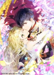 Rule 34 | 1boy, 1girl, ;), artist name, black hair, blonde hair, cape, kissing cheek, copyright request, dated, dress, earrings, flower, from above, gloves, green eyes, hair flower, hair ornament, hetero, highres, hug, jewelry, kiss, long sleeves, looking at viewer, official art, one eye closed, red cape, red eyes, smile, sukja, tiara, white dress, white gloves