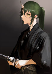 Rule 34 | 1girl, absurdres, arknights, black kimono, commentary, expressionless, from side, gradient background, green eyes, green hair, grey background, highres, hisamichi (hisamichi1373), holding, holding sword, holding weapon, horns, hoshiguma (arknights), japanese clothes, katana, kimono, light rays, long hair, looking at viewer, parted lips, pink lips, ponytail, sideways glance, single horn, skin-covered horns, solo, sword, weapon