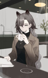 Rule 34 | 1girl, absurdres, animal ears, arknights, black sweater, brown hair, brown jacket, ceiling light, cup, extra ears, hair between eyes, hand up, highres, hino134, holding, holding cup, holding notebook, indoors, jacket, jewelry, long hair, long sleeves, mole, mole above eye, mole above mouth, necklace, notebook, open clothes, open jacket, penance (arknights), solo, sweater, table, wolf ears, wolf girl, yellow eyes