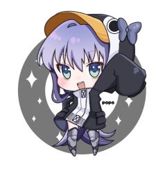 Rule 34 | 1girl, :d, animal hood, arm up, armored boots, artist name, black jacket, blue eyes, blush, boots, bow, chibi, commentary request, fate/grand order, fate (series), full body, grey bow, hair between eyes, hood, hood up, hooded jacket, jacket, knee boots, long hair, long sleeves, looking at viewer, meltryllis, meltryllis (fate), meltryllis (swimsuit lancer) (fate), meltryllis (swimsuit lancer) (first ascension) (fate), open mouth, outstretched arm, penguin hood, popo (popopuri), purple hair, sleeves past fingers, sleeves past wrists, smile, solo, sparkle, standing, teeth, upper teeth only, very long hair