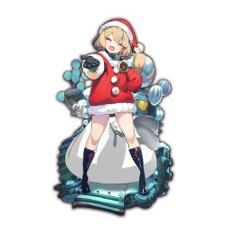 Rule 34 | 10s, 1girl, badge, black gloves, black legwear, blonde hair, blush, boots, closed eyes, full body, fur trim, gloves, hand on own hip, hat, last period, long sleeves, official art, open mouth, outstretched arm, sack, santa costume, santa hat, short hair, solo, standing