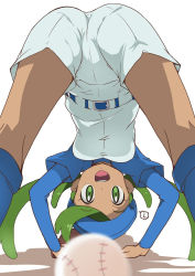 Rule 34 | 1girl, :d, ?, ass, baseball, baseball cap, baseball uniform, belt, bent over, breasts, creatures (company), dark-skinned female, dark skin, female focus, full body, game freak, green eyes, green hair, hat, highres, itamochi, looking at viewer, looking through own legs, mallow (pokemon), nintendo, open mouth, pantylines, pokemon, pokemon (anime), pokemon sm (anime), pov, short sleeves, shorts, simple background, smile, solo, sportswear, swept bangs, teeth, thought bubble, twintails, white background