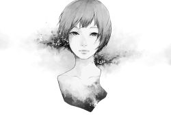 Rule 34 | androgynous, expressionless, flower, gender request, greyscale, hair flower, hair ornament, highres, looking at viewer, monochrome, original, portrait, simple background, sketch, solo, tae, white background