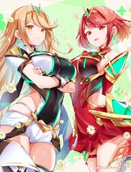 alternate_costume blonde_hair breasts cosplay costume_switch highres large_breasts mythra_(xenoblade) pyra_(xenoblade) red_eyes red_hair ui_frara xenoblade_chronicles_(series) xenoblade_chronicles_2 yellow_eyes