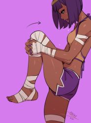Rule 34 | 1girl, backless outfit, bandages, capcom, eyeshadow, feet, lipstick, makeup, menat, midriff, nail polish, purple background, purple eyeshadow, purple lips, purple nails, short shorts, shorts, solo, sportswear, street fighter, sweat, thighs, toeless legwear, toes