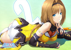 Rule 34 | 1girl, alice soft, artist request, ass, black gloves, black scarf, black skirt, blue eyes, breasts, brown hair, choukou sennin haruka, cleavage, commentary request, dress, elbow gloves, escalation heroines, fingerless gloves, fishnets, gloves, hair intakes, hairband, leotard, leotard under clothes, long hair, lying, microskirt, official art, on stomach, ribbon, scarf, short dress, skirt, smile, solo, takamori haruka, thighhighs, thighs, v, white leotard, white thighhighs, yellow dress