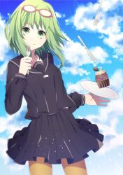 Rule 34 | 1girl, crml orng, day, eyewear on head, food, fork, glasses, green eyes, green hair, gumi, highres, holding, holding fork, knife, long sleeves, looking at viewer, mont blanc (food), pantyhose, plate, pleated skirt, red-framed eyewear, school uniform, serafuku, skirt, sky, smile, solo, vocaloid, yowamushi mont-blanc (vocaloid)