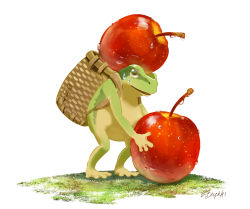 Rule 34 | 1other, animal, apple, basket, commentary request, creature, creature and personification, fantasy, food, frog, fruit, full body, grass, hachiya shohei, highres, holding, holding basket, holding food, holding fruit, no humans, open mouth, original, outdoors, personification, simple background, solo, sweat, water drop, webbed hands, white background