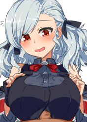 Rule 34 | 1girl, black ribbon, blush, bow, bowtie, breasts, breasts squeezed together, commentary, detached sleeves, flying sweatdrops, girls&#039; frontline, grey hair, grey shirt, hair ribbon, highres, large breasts, long hair, looking at viewer, nikomiudon 06, open mouth, paizuri, paizuri under clothes, penis, pov, precum, precum through clothes, red bow, red bowtie, red eyes, ribbon, shirt, simple background, smile, solo, spas-12 (girls&#039; frontline), twintails, uncensored, white background