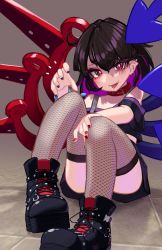 Rule 34 | 1girl, alternate costume, animal collar, asymmetrical wings, black footwear, black hair, black skirt, black tube top, blush, collar, colored inner hair, commentary request, convenient leg, cowlick, earrings, fishnet thighhighs, fishnets, full body, hair between eyes, high tops, highres, houjuu nue, jewelry, looking at viewer, medium hair, multicolored hair, multicolored nails, nail polish, open mouth, piercing, pointy ears, purple hair, purple nails, purple wings, red eyes, red nails, red wings, shoes, sitting, skirt, smile, sneakers, solo, strapless, stud earrings, thighhighs, tongue piercing, touhou, tube top, wings, zakozako y