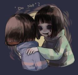 Rule 34 | androgynous, black blood, black sclera, blood, blood from mouth, bloody tears, brown hair, chara (undertale), colored blood, colored sclera, english text, evil smile, frisk (undertale), gender request, hsu chun hua, open mouth, shirt, shoulder grab, smile, spoilers, striped clothes, striped shirt, undertale, upper body