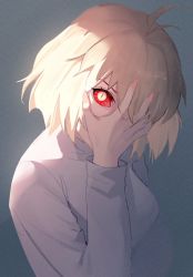 Rule 34 | 1girl, arcueid brunestud, blonde hair, colored sclera, drid, grey background, hand on own face, long sleeves, looking at viewer, red arcueid, red sclera, shirt, short hair, slit pupils, solo, tsukihime, upper body, white shirt, yellow eyes