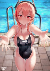 Rule 34 | bare shoulders, black one-piece swimsuit, blush, breasts, cleavage, collarbone, competition swimsuit, covered navel, cowboy shot, girls&#039; frontline, hair between eyes, highres, large breasts, long hair, looking at viewer, m4 sopmod ii (girls&#039; frontline), multicolored hair, one-piece swimsuit, pink eyes, pink hair, poolside, shirosaba, smile, solo, standing, streaked hair, swimsuit