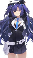 Rule 34 | 1girl, absurdres, arms up, belt, belt pouch, between breasts, black bra, black jacket, black skirt, blue archive, blue eyes, blue necktie, bra, breasts, collared jacket, commentary, groin, halo, highres, id card, jacket, ktr (tpun2553), lace, lace-trimmed bra, lace trim, large breasts, light blush, long hair, looking at viewer, necktie, open clothes, open jacket, parted bangs, parted lips, pleated skirt, pouch, purple hair, sidelocks, skirt, smile, solo, teeth, twintails, two-sided fabric, two-sided jacket, underwear, upper body, very long hair, white background, white belt, yuuka (blue archive)
