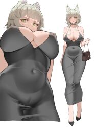 1girl absurdres animal_ear_fluff animal_ears arknights bag bare_shoulders black_dress blunt_bangs breasts cat_ears cat_girl chinese_commentary cleavage collar commentary commentary_request covered_erect_nipples covered_groin covered_navel dress english_commentary from_below green_eyes grey_hair handbag highres holding holding_bag kal&#039;tsit_(arknights) large_breasts looking_at_viewer medium_hair mixed-language_commentary multiple_views parted_lips skin_tight solo yat_(tsmn7245)