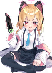 Rule 34 | 1girl, absurdres, animal ear headphones, animal ears, asymmetrical bangs, black skirt, black thighhighs, blonde hair, blue archive, blue necktie, blush, bow, cat ear headphones, collared shirt, crossed legs, fake animal ears, full body, furrowed brow, hair bow, halo, handheld game console, headphones, highres, holding, holding handheld game console, jacket, jacket partially removed, long sleeves, looking at viewer, medium hair, momoi (blue archive), multicolored clothes, multicolored jacket, naoya (naoya ee), necktie, nintendo switch, off shoulder, on floor, open mouth, pink bow, pink jacket, red eyes, shirt, shirt tucked in, simple background, skirt, solo, suspender skirt, suspenders, sweat, thighhighs, white background, white jacket, white shirt, wide sleeves