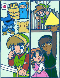 Rule 34 | 1girl, 2boys, angry, blue eyes, brown hair, cage, clone, creature, dress, dual persona, elf, frown, gloves, hand up, hat, like like, link, looking at viewer, multiple boys, nintendo, pink dress, pointy ears, princess zelda, shadow link, smile, standing, sword, tears, the legend of zelda, the legend of zelda (nes), tiara, triforce, triforce earrings, weapon, zelda ii: the adventure of link