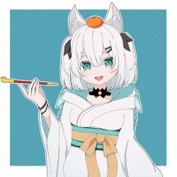 Rule 34 | 1girl, :d, animal ears, ars almal, black bow, blue background, blue eyes, bow, food, food on head, fox ears, fruit, fruit on head, hair bow, hair ornament, hairclip, hand up, hidarimigi1221, highres, japanese clothes, kimono, kiseru, looking at viewer, nijisanji, object on head, open mouth, orange (fruit), short hair, smile, smoking pipe, solo, standing, two side up, virtual youtuber, white hair, wristband