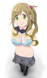 Rule 34 | 1girl, beige panties, black pantyhose, blonde hair, bra, clothes lift, fang, green eyes, hair bobbles, hair ornament, highres, inuyama aoi, lifted by self, navel, panties, pantyhose, school uniform, shirt lift, side ponytail, skin fang, solo, underwear, white background, yurucamp, z act