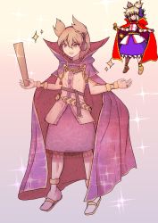 Rule 34 | 1girl, absurdres, belt, bracelet, brown eyes, brown hair, cape, earmuffs, full body, gradient background, highres, jewelry, kalejdodatabase, looking at viewer, open mouth, pointy hair, purple cape, purple skirt, reference inset, ring, ritual baton, sandals, short hair, skirt, solo, star (symbol), touhou, toyosatomimi no miko, urban legend in limbo, white background