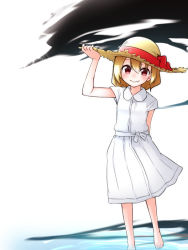 Rule 34 | 1girl, barefoot, darkness, dress, fang, female focus, gradient background, hat, kameyan, rumia, smile, solo, straw hat, sun hat, sundress, touhou, water, white background, white dress