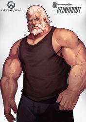 Rule 34 | 1boy, alternate costume, bara, bare arms, beard, black pants, brown tank top, character name, copyright name, cowboy shot, dsharp, facial hair, highres, large pectorals, looking at viewer, male focus, medium hair, muscular, mustache, old, old man, overwatch, overwatch 1, pants, pectorals, reinhardt (overwatch), scar, scar across eye, scar on face, short hair, sketch, solo, tank top