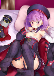 Rule 34 | 1girl, ass, black panties, blush, breasts, detached sleeves, fate/grand order, fate (series), feet, flat chest, hat, helena blavatsky (fate), helena blavatsky (third ascension) (fate), inverted nipples, looking at viewer, lying, nipples, no shoes, on back, panties, purple eyes, purple hair, rokushou kokuu, short hair, small breasts, smile, solo, strapless, thighhighs, underwear