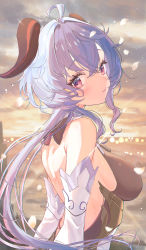 Rule 34 | 00nanona, 1girl, :3, absurdres, ahoge, bare back, bare shoulders, blue hair, blurry, blurry background, bodystocking, breasts, detached sleeves, falling petals, floating hair, from side, ganyu (genshin impact), genshin impact, goat horns, hair between eyes, head tilt, highres, horns, looking at viewer, low ponytail, medium breasts, orange sky, parted lips, petals, purple eyes, sidelocks, sky, smile, solo, upper body