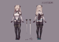 Rule 34 | 1girl, blonde hair, blue eyes, bodystocking, bodysuit, boots, character sheet, from behind, full body, high heel boots, high heels, long hair, multiple views, original, standing, suzuno (bookshelf), sword, thigh boots, thighhighs, tunic, weapon