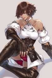 Rule 34 | 1girl, arm support, bare shoulders, blue eyes, boots, breasts, brown footwear, brown gloves, brown hair, closed mouth, collarbone, commentary request, dark-skinned female, dark skin, elbow gloves, final fantasy, final fantasy xiv, fingerless gloves, fingernails, gloves, halterneck, highres, lips, makimura shunsuke, medium breasts, mole, mole under eye, panties, red skirt, shadow, short hair, simple background, sitting, skirt, sleeveless, solo, thigh boots, thighhighs, underwear, white panties